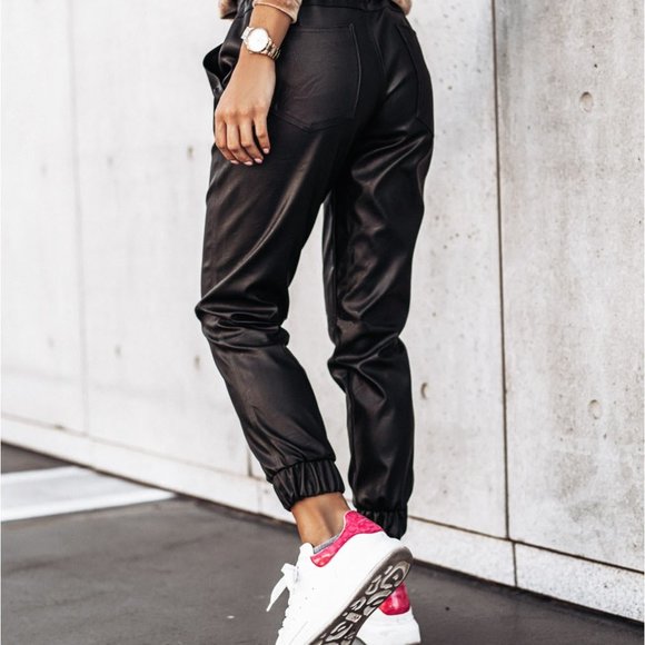 Pocketed Drawstring Faux Leather Joggers - Picture 4 of 5